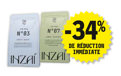 34 % de réduction immédiate sur toute la gamme INZAÏ TEA au rayon épicerie. Présentation d'un paquet de thé noir N°03 et d'un paquet de thé vert N°07.