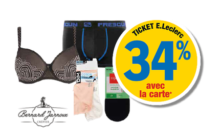 34 % en ticket E.Leclerc avec la carte sur les sous-vêtements et chaussants homme et femme au rayon textile. Présentation d'un soutien-gorge, d'un caleçon de la marque Freegun de 2 paires de chaussettes en coton de la marque DIM et d'une paire de socquette de la marque Tissaia.