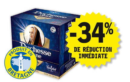 34 % de réduction immédiate sur la bière triple Duchesse Anne. Pack de 12 bouteilles de 25 centilitres au rayon liquides. Présentation du pack de bières. Logo Produit en Bretagne.