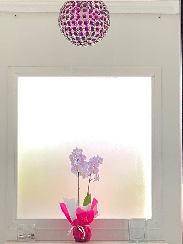 Ventana con orquídeas moradas en una maceta rosa, vidrio esmerilado y un orbe morado decorativo.
