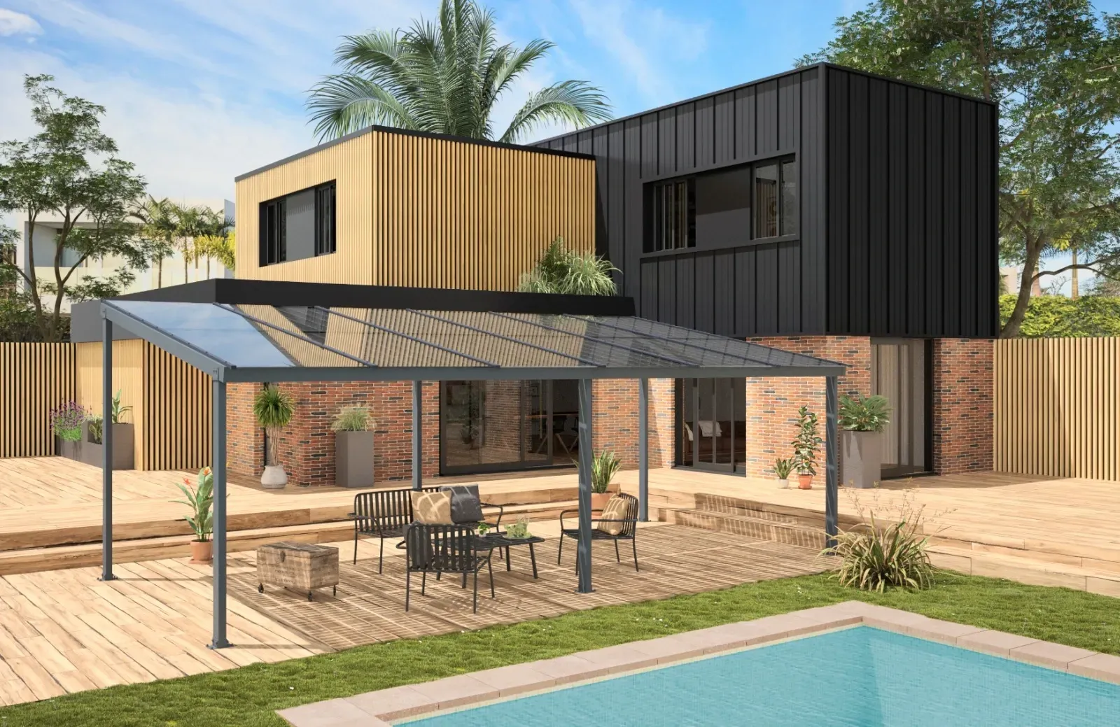 Patio exterior con pérgola negra, mesas, sillas, paredes de vidrio y plantas.