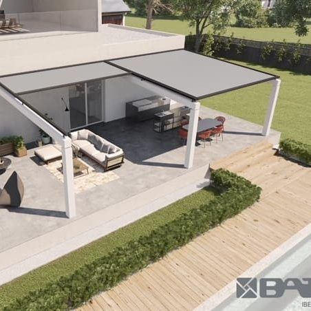 Una vista aérea de una casa con pérgola y piscina.