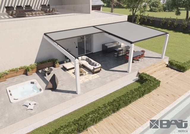 Una vista aérea de una casa con pérgola y piscina.