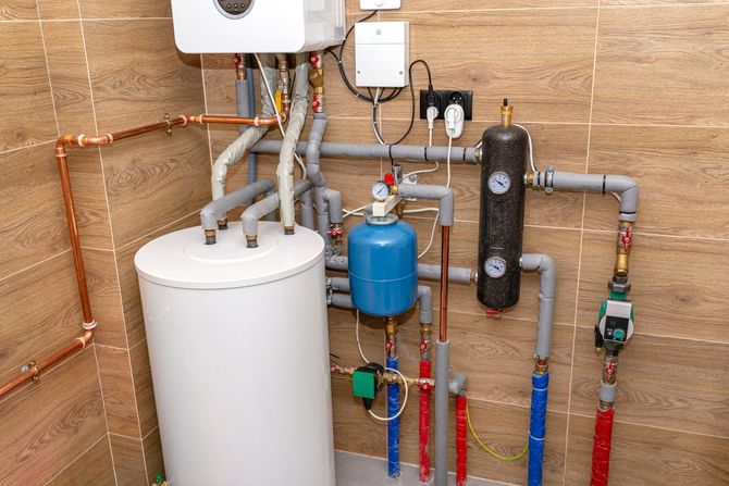 Sistema de plomería en una habitación con calentador de agua blanco, tanque de expansión azul y varias tuberías y válvulas.