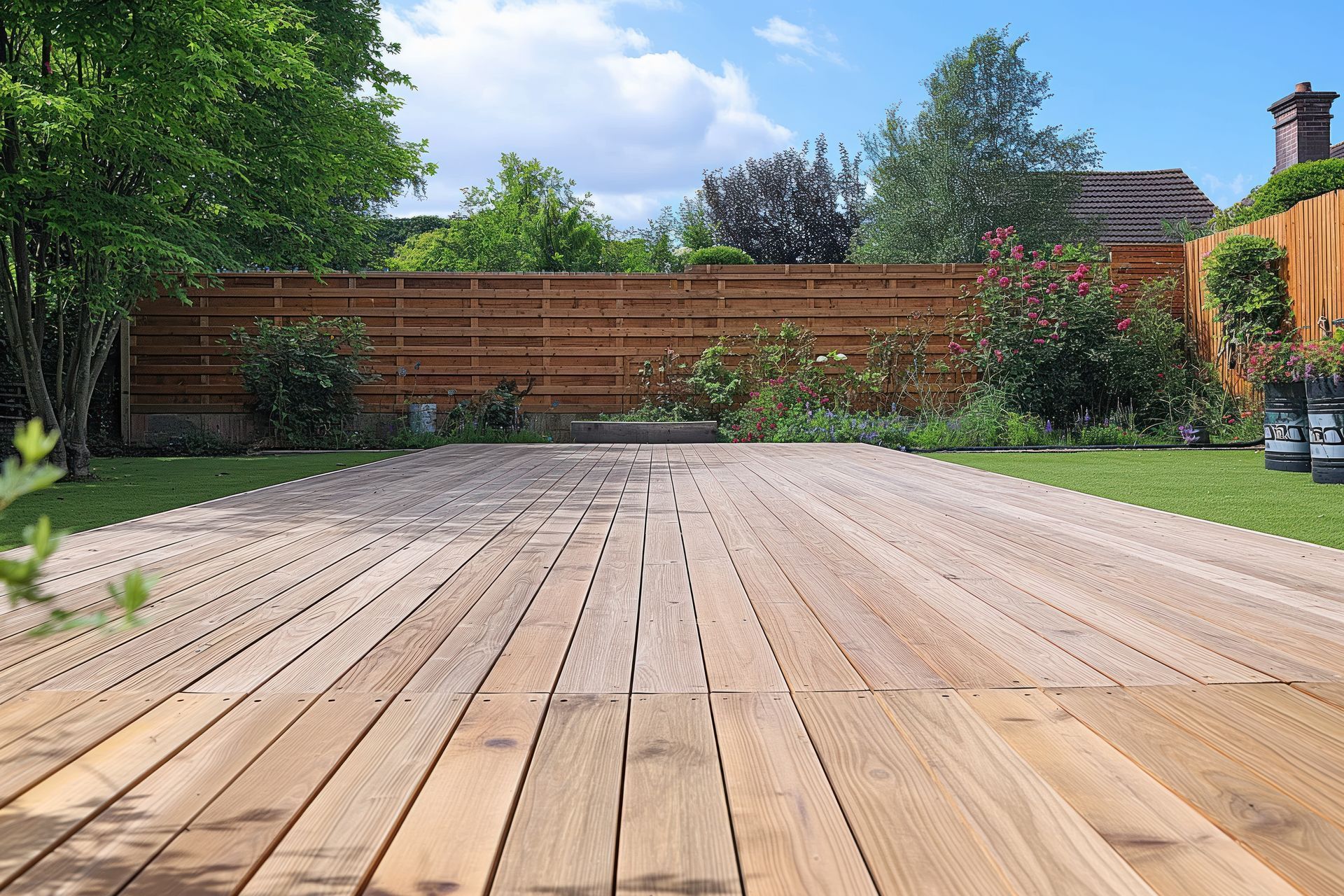 Une terrasse en bois avec une clôture en bois