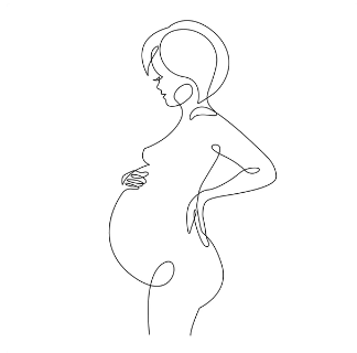 Un dibujo lineal continuo de una mujer embarazada sosteniendo su vientre.