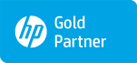 Das HP-Logo steht auf blauem Grund und ist Gold-Partner.