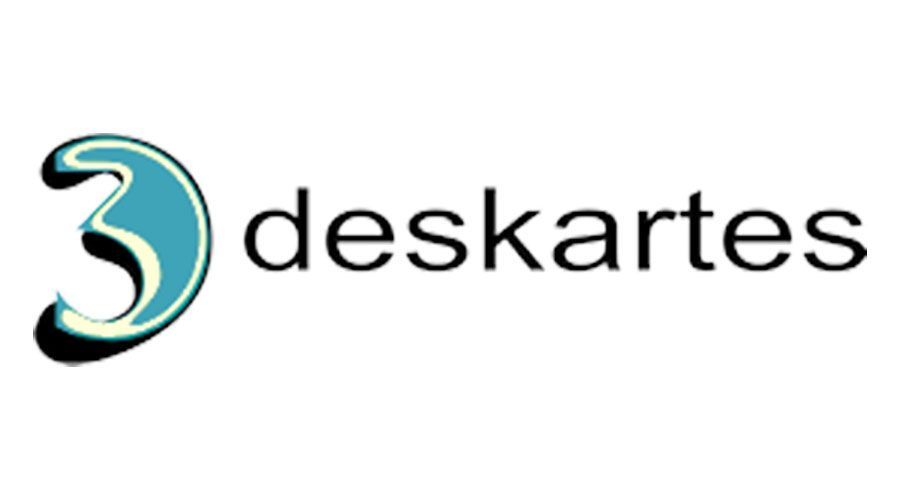 Ein Logo für 3 Descartes mit einem blauen Wirbel auf weißem Hintergrund.