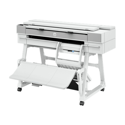 Ein weiß-blauer Drucker mit einem Monitor darauf