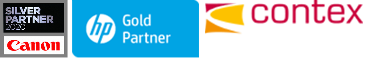 Ein HP Gold Partner-Logo befindet sich neben einem Canon-Logo