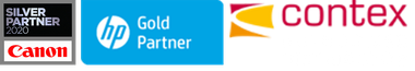 Ein HP Gold Partner-Logo befindet sich neben einem Canon-Logo