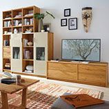 Wohnzimmerwand mit Schränken, Regalen und Lowboard mit Fernseher