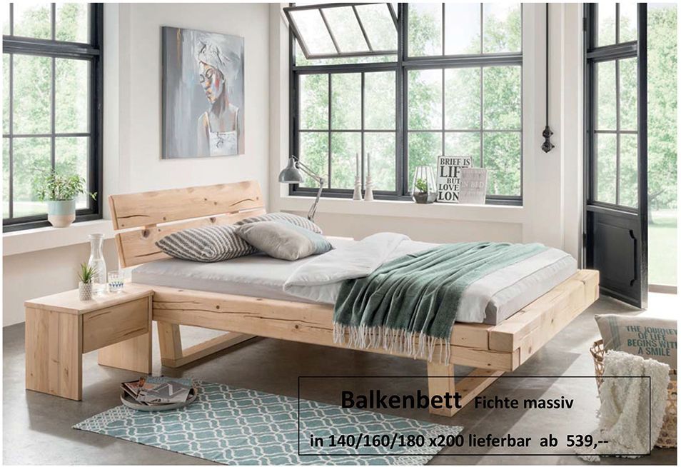 Balkenbett Unika aus Fichte Massiv mit Beistelltisch 