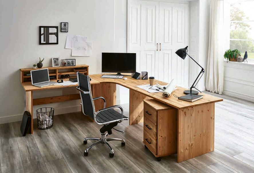 Eckschreibtisch mit Regalen und Schubcontainer aus Massivholz