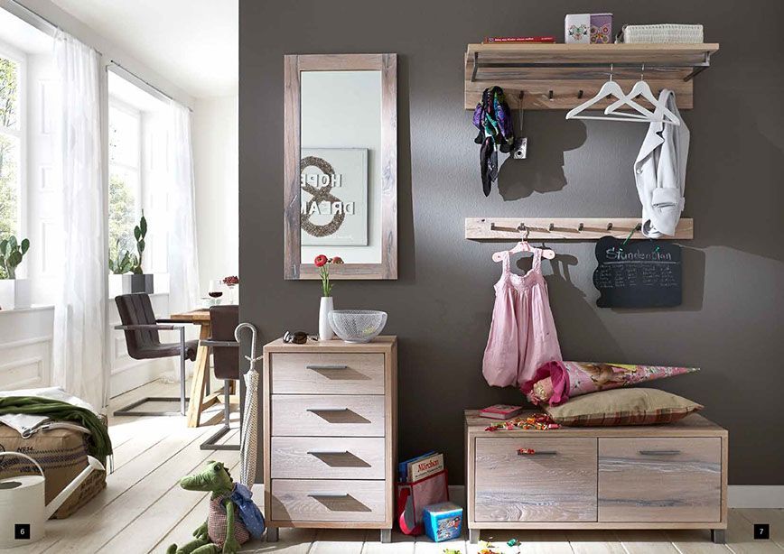 Garderobe Massivholz hellgrau mit Spiegel