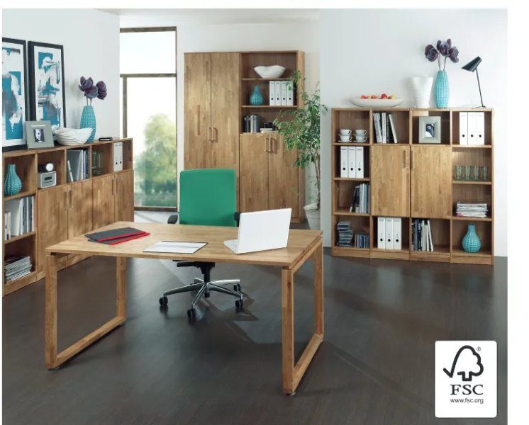 Trendbüro Ausstattung mit einem Schreibtisch und mehreren Regalen und Aktenschränken aus Massivholz