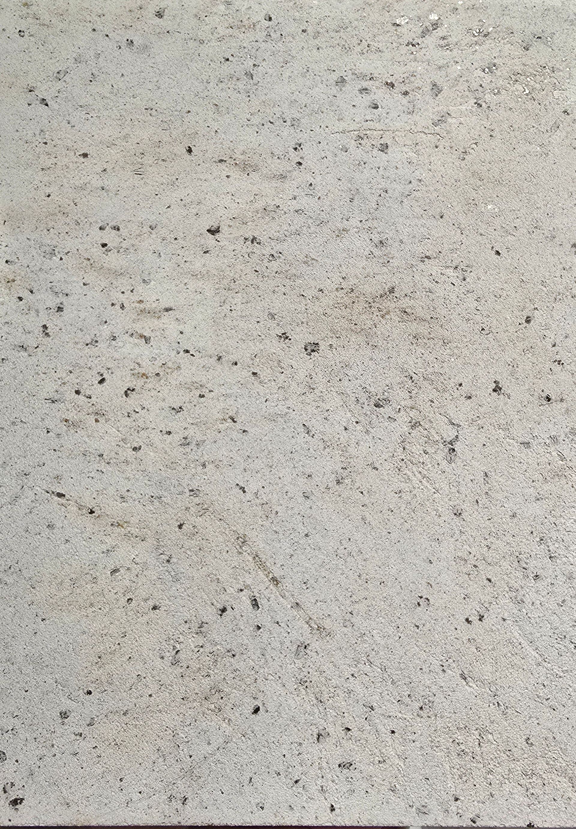 Gros plan, vue de dessus, d'une pierre de granit gris clair avec de fines inclusions minérales mouchetées gris foncé et beige.