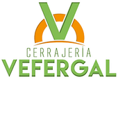 Logotipo de "Cerrajería Vefergal", una empresa de cerrajería, que presenta una "V" verde sobre un arco naranja.