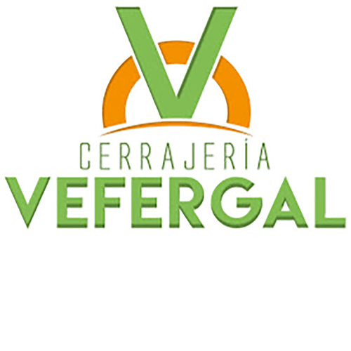 Logotipo de "Cerrajería Vefergal", una empresa de cerrajería, que presenta una "V" verde sobre un arco naranja.