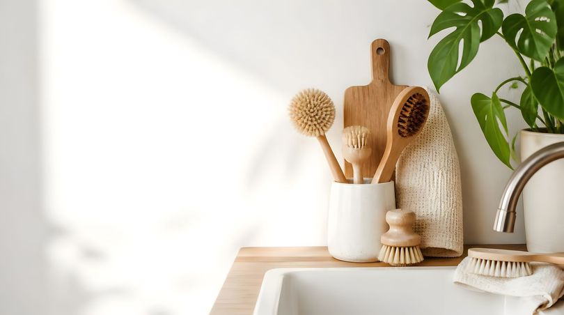 Des ustensiles en bois et un porte-brosse blanc sont posés sur un plan de travail à côté d'un évier, avec une plante à feuillage à proximité.