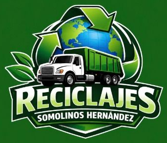 Logotipo verde de reciclaje con camión, globo terráqueo, flechas y texto “Reciclajes Somolinos Hernández”