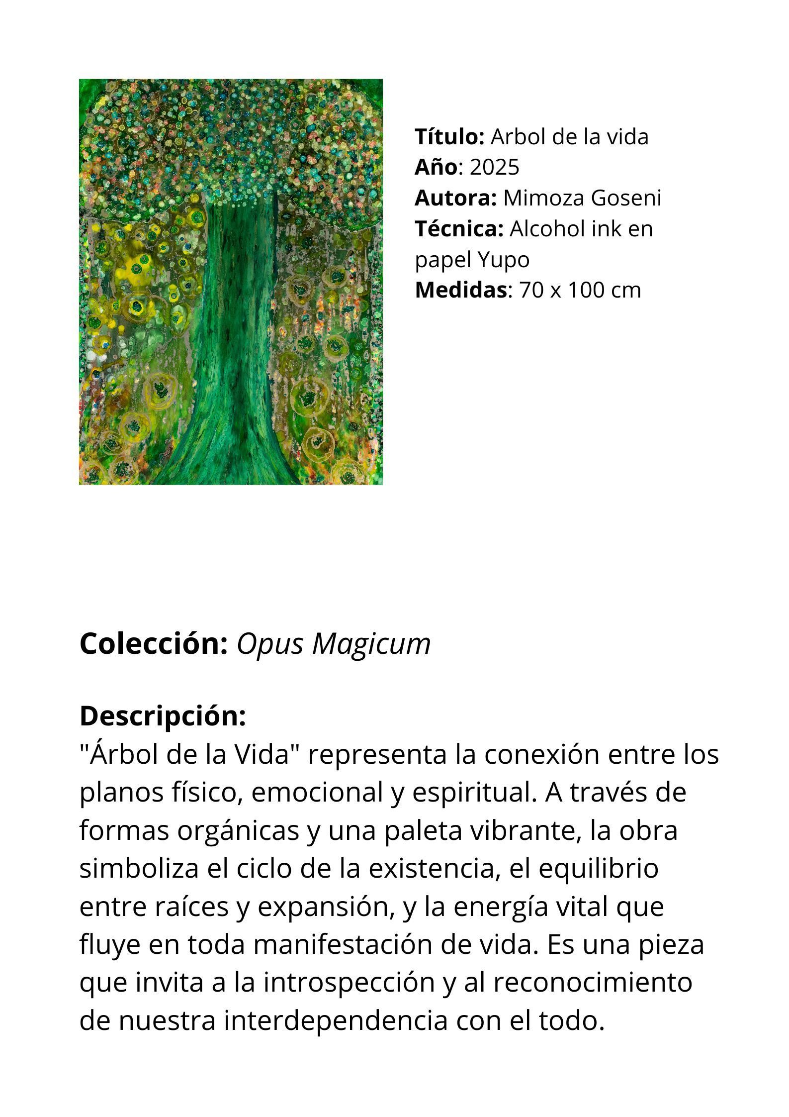 Pintura de un árbol verde con descripción en español. Forma parte de la colección 