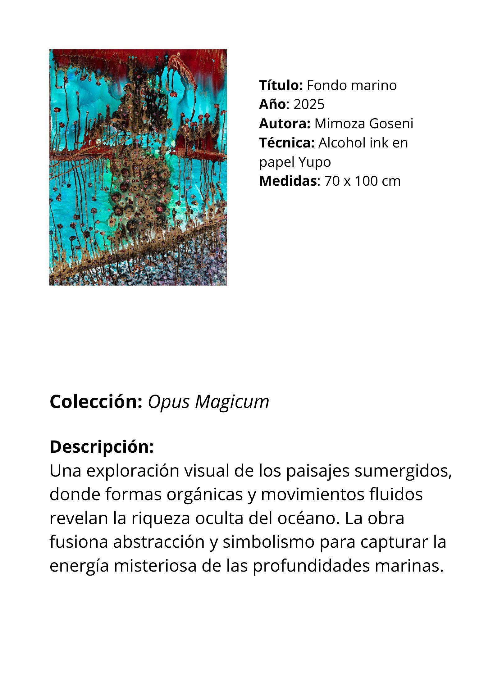 Obra de arte con colores abstractos azul, marrón y rojo. El texto incluye el título, el año, la técnica y el nombre del artista.