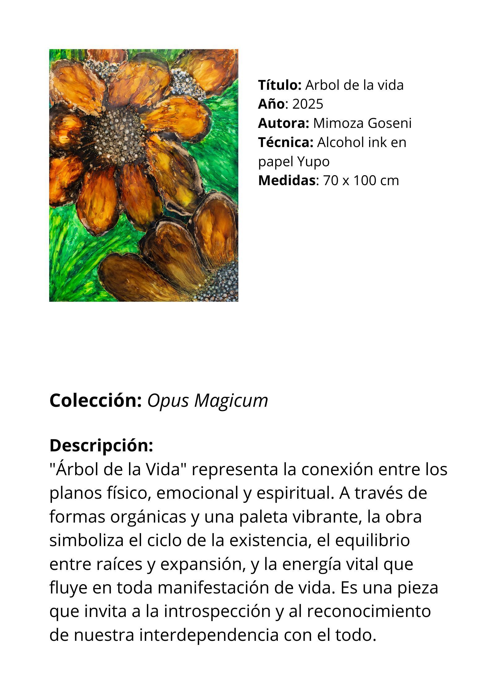 Pintura de una vaina de semillas en verde, marrón y amarillo. El texto la describe como un acto de vida, emociones y energía vital.