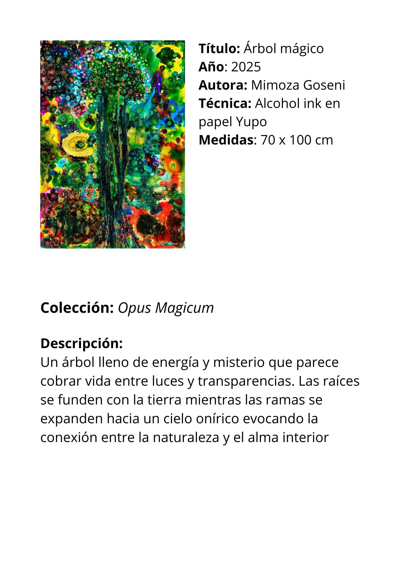 Pintura de un árbol con fondo colorido. El texto describe la obra en español.