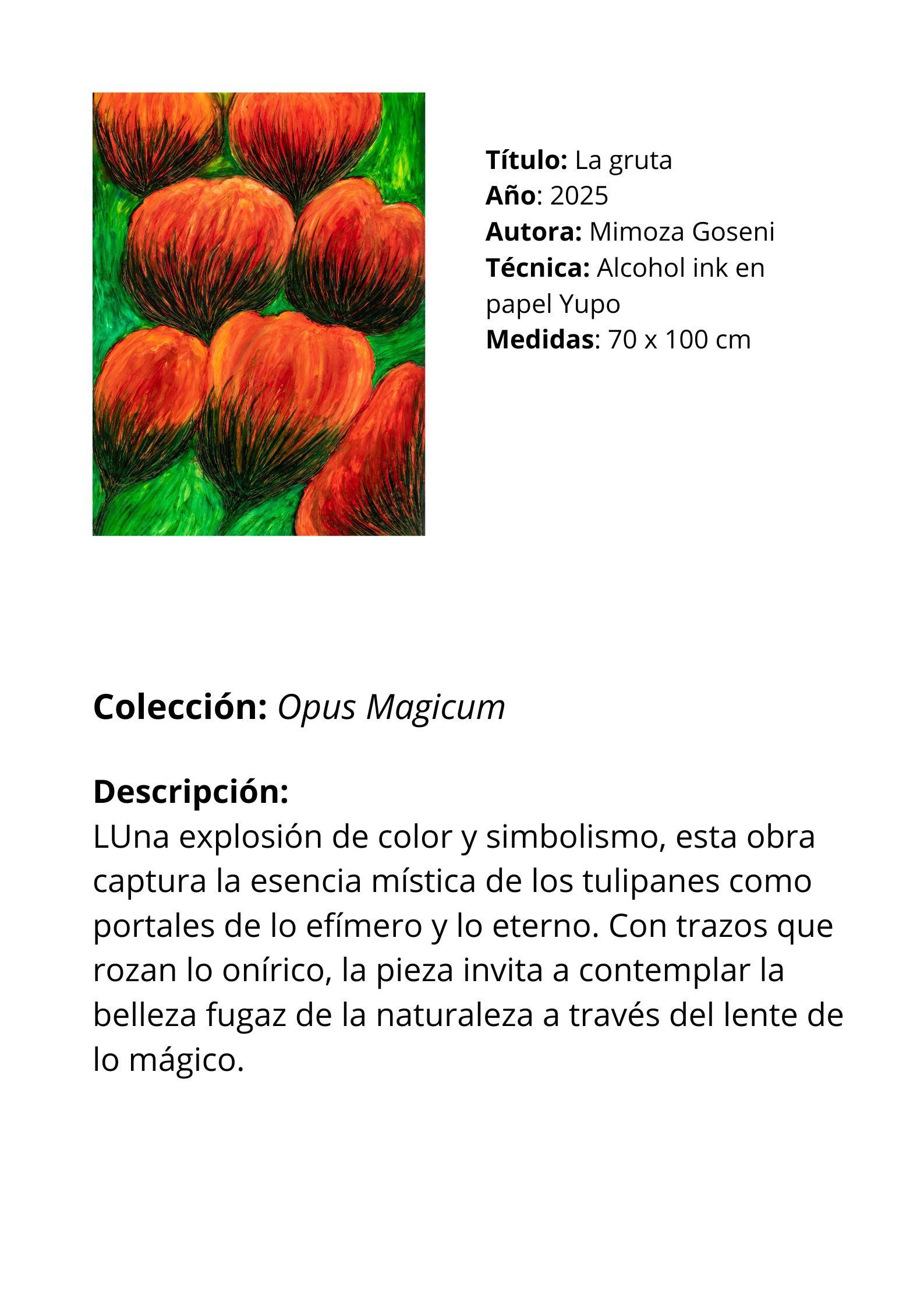 Pintura de frutas rojas y naranjas sobre fondo verde. El texto describe la esencia de la obra.