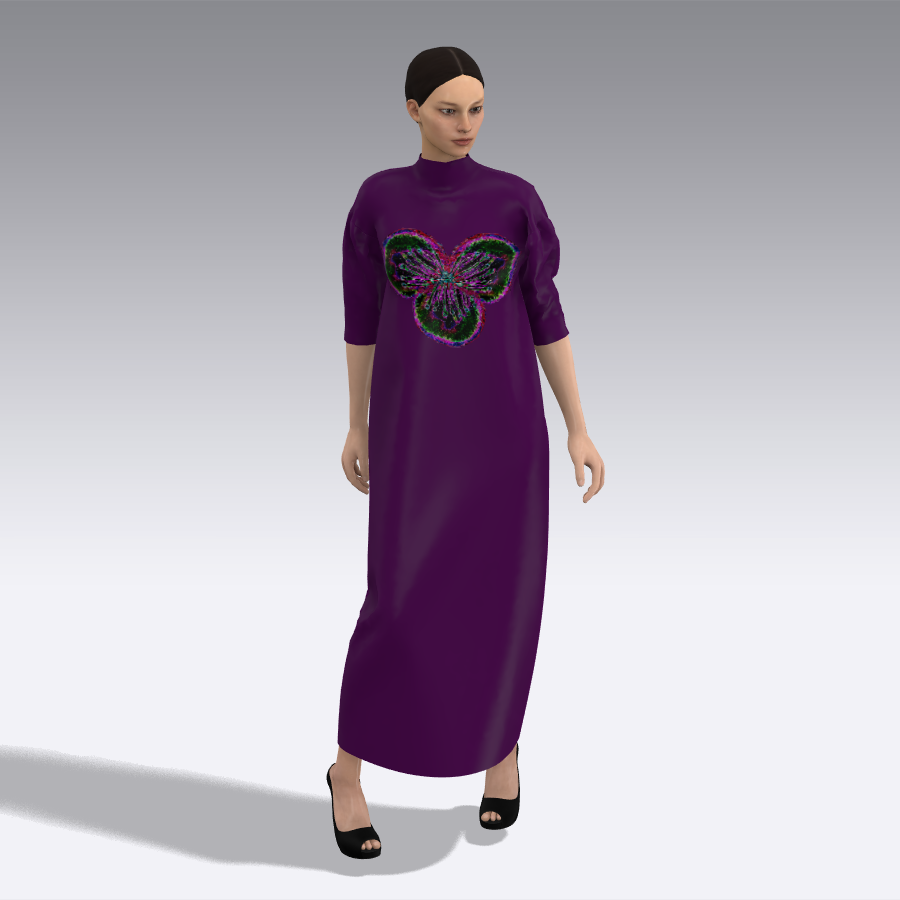 Mujer con un vestido morado largo hasta el suelo con un diseño floral en el pecho, con tacones negros.