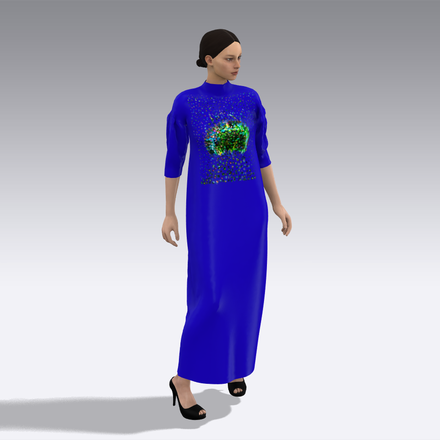 Mujer con vestido azul con corpiño adornado, caminando.