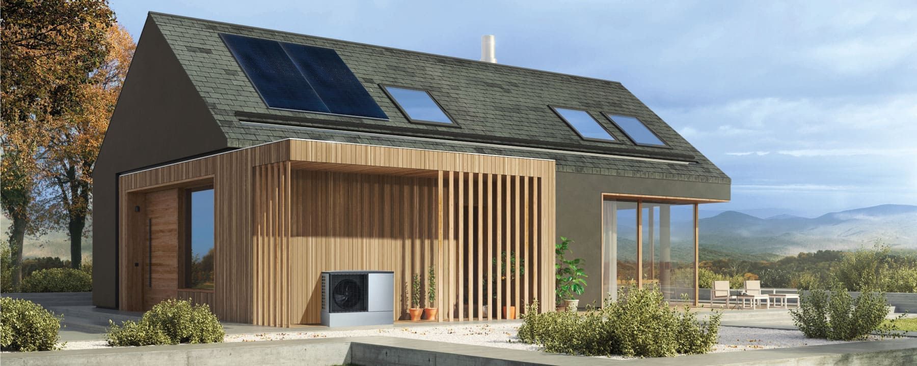 Eine künstlerische Darstellung eines Hauses mit Sonnenkollektoren auf dem Dach.