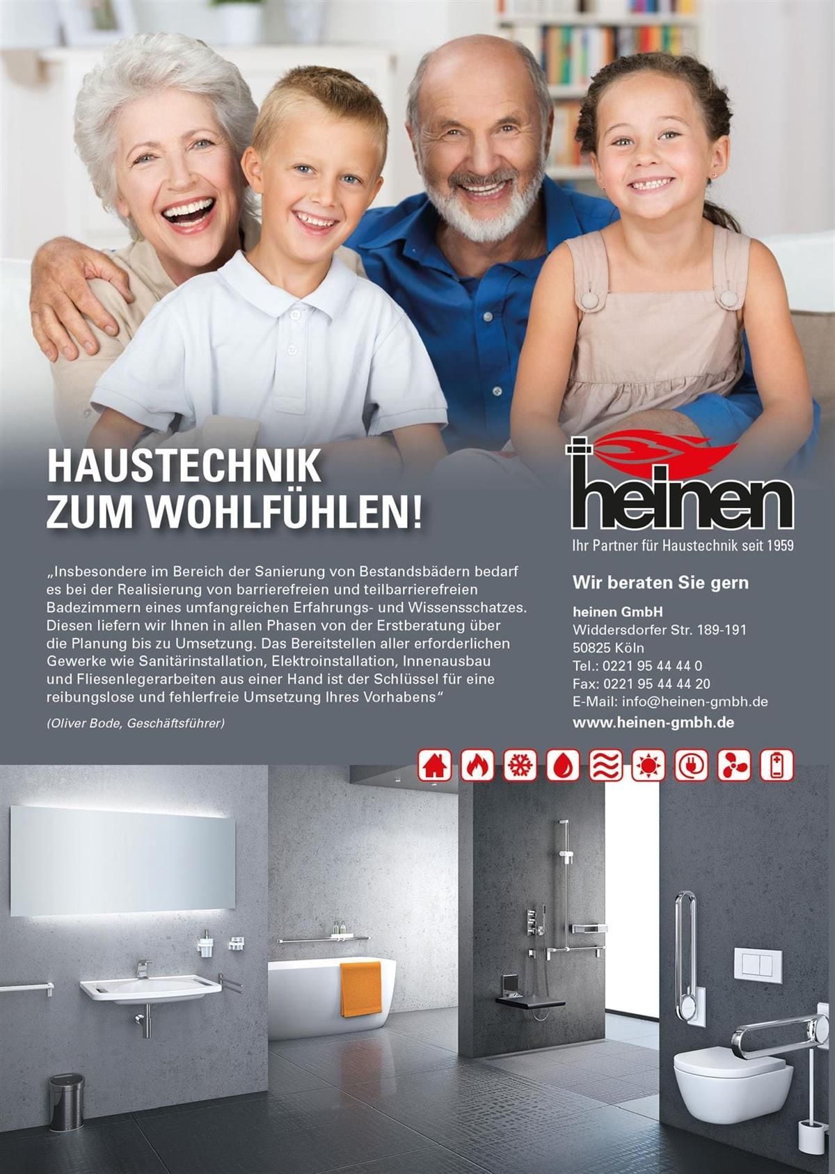 In einer anzeige einer firma namens heinen ist eine familie in einem badezimmer abgebildet.