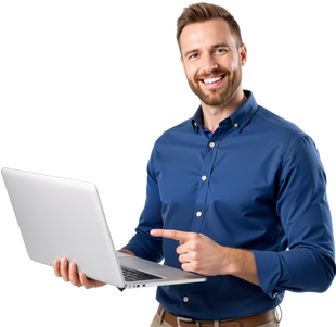 Homme souriant en chemise bleue tenant un ordinateur portable et le pointant du doigt