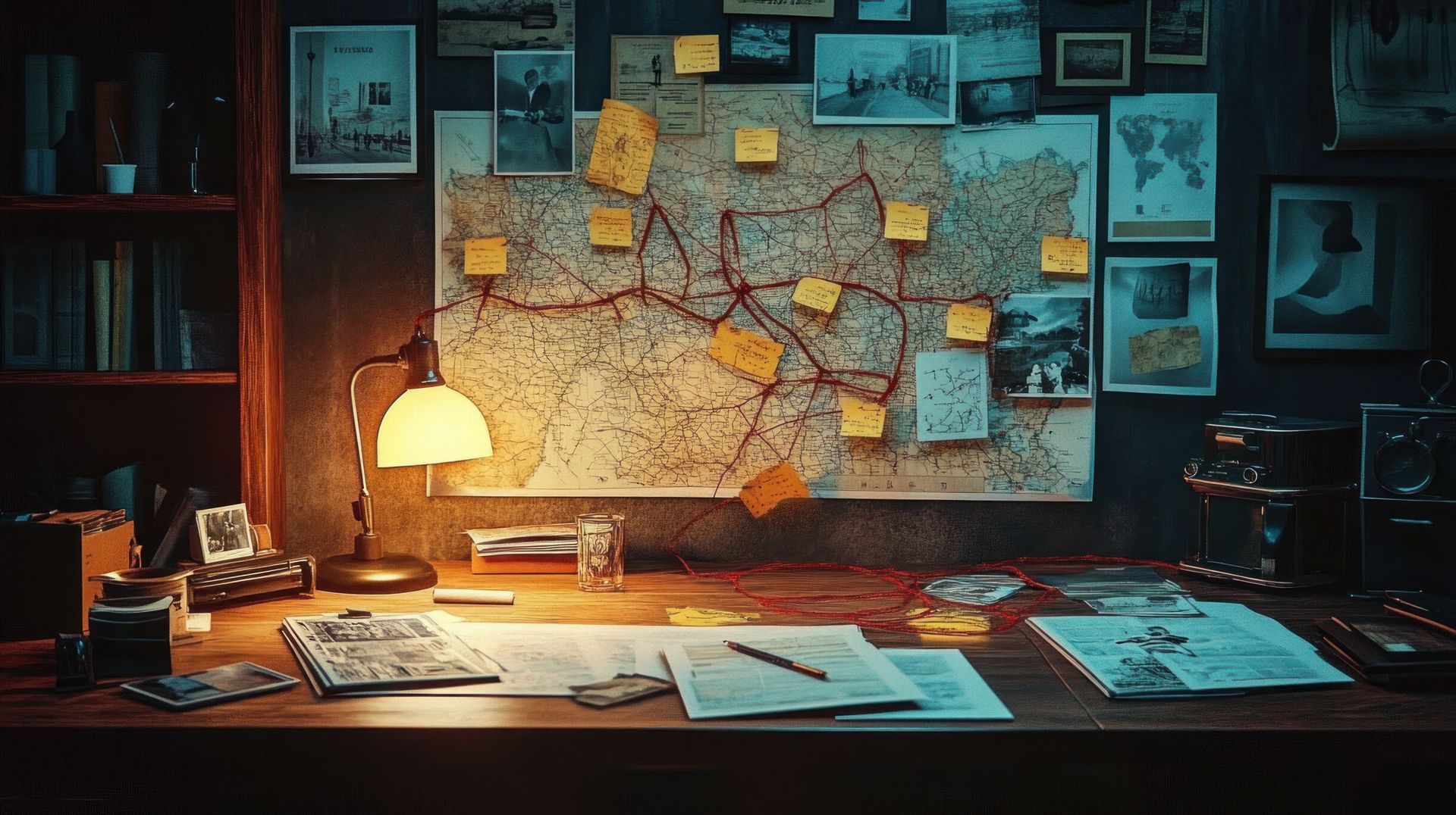 Bureau de détective à l'ambiance tamisée, avec carte, notes, lampe de bureau et papiers éparpillés sur un bureau en bois.