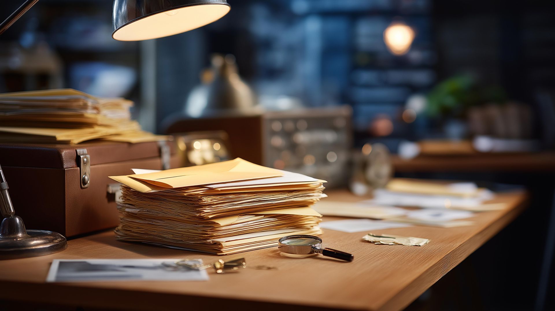 Pile de papiers pliés sur un bureau en bois dans un bureau à l'ambiance chaleureuse, avec une lampe et des papiers à proximité.