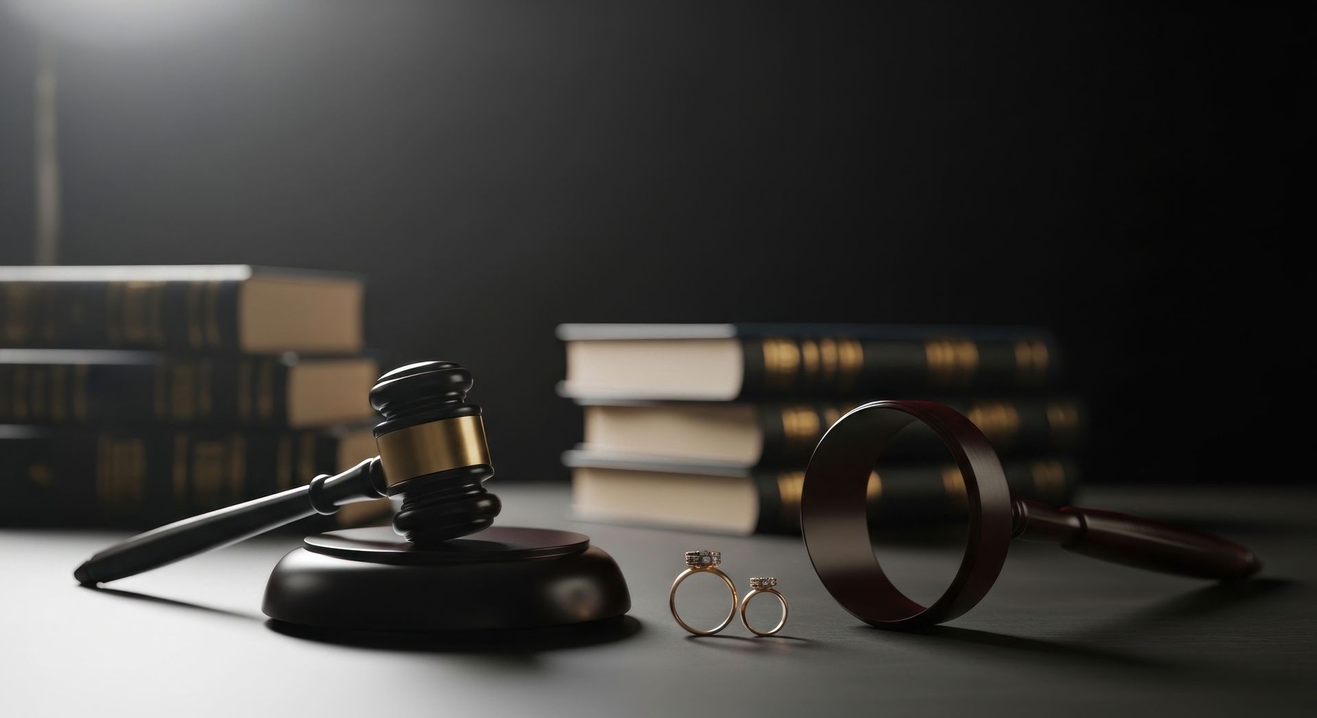 Un livre de droit avec un maillet, des lunettes et une loupe sur un bureau sombre.
