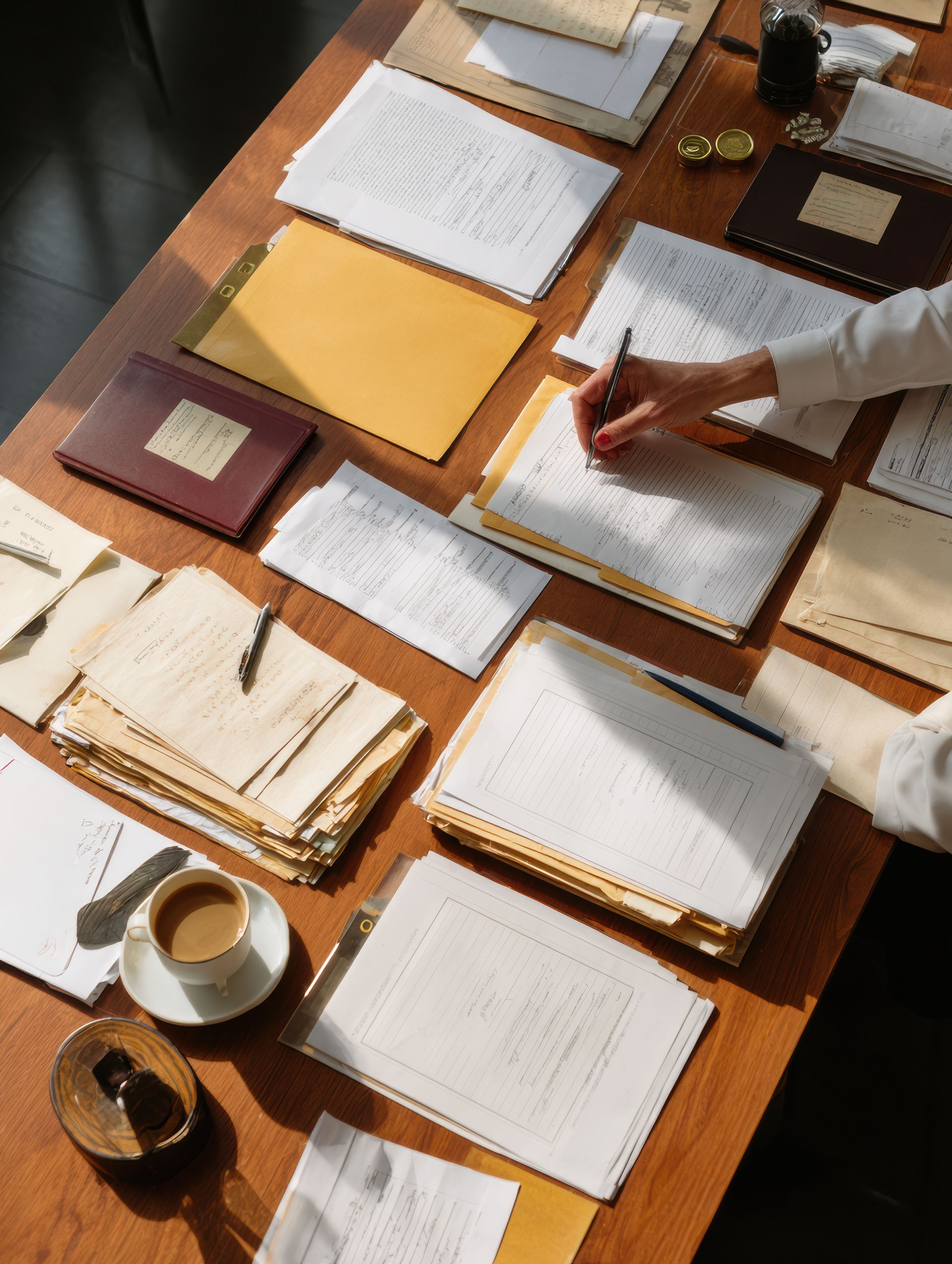 Vue de dessus d'un bureau avec des papiers et des cahiers, une écriture manuscrite et des tasses à café.