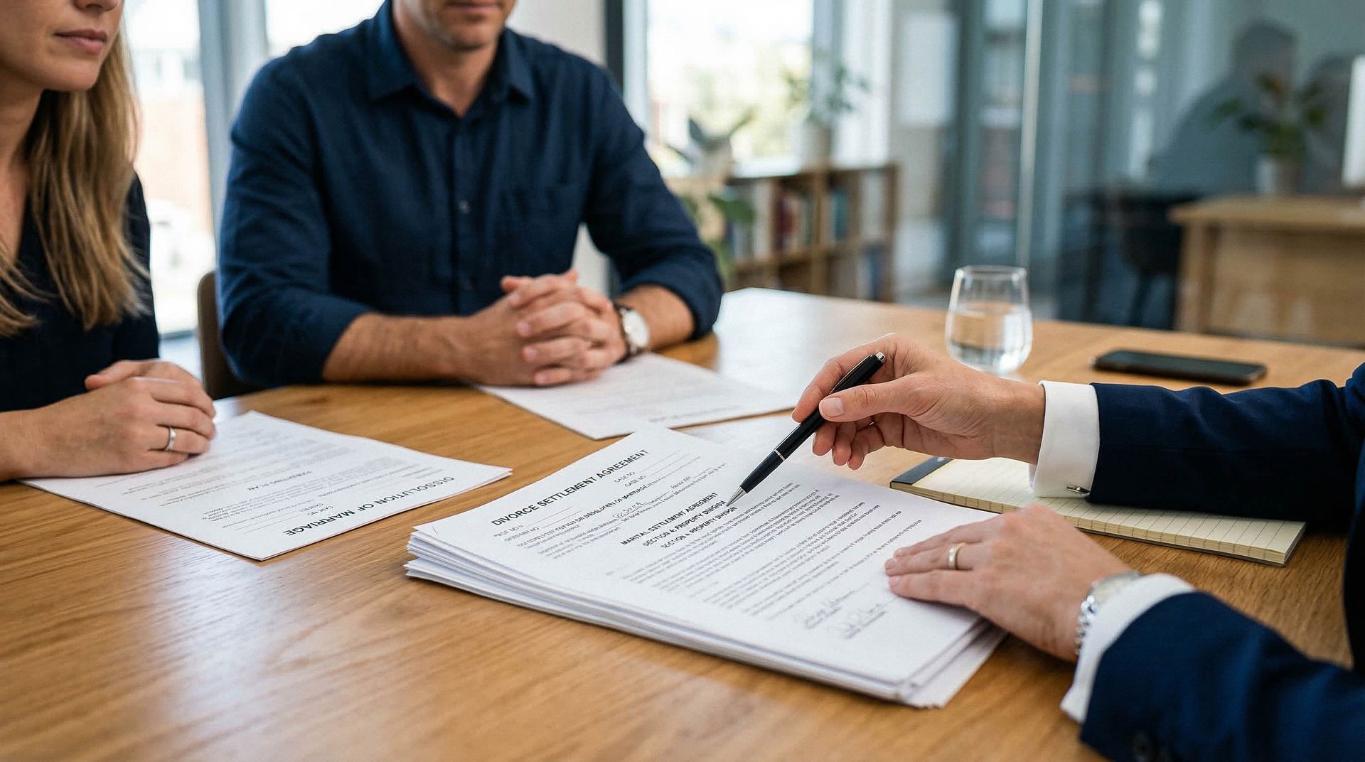 Trois personnes examinent des documents et prennent des notes autour d'une table de réunion.