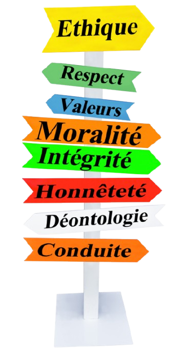 Panneau directionnel blanc avec flèches colorées.