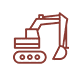 Un icono de dibujo lineal marrón que representa una excavadora sobre orugas.