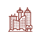 Un sencillo icono lineal marrón que representa varios edificios de la ciudad, una torre alta y dos pequeños árboles en la base.