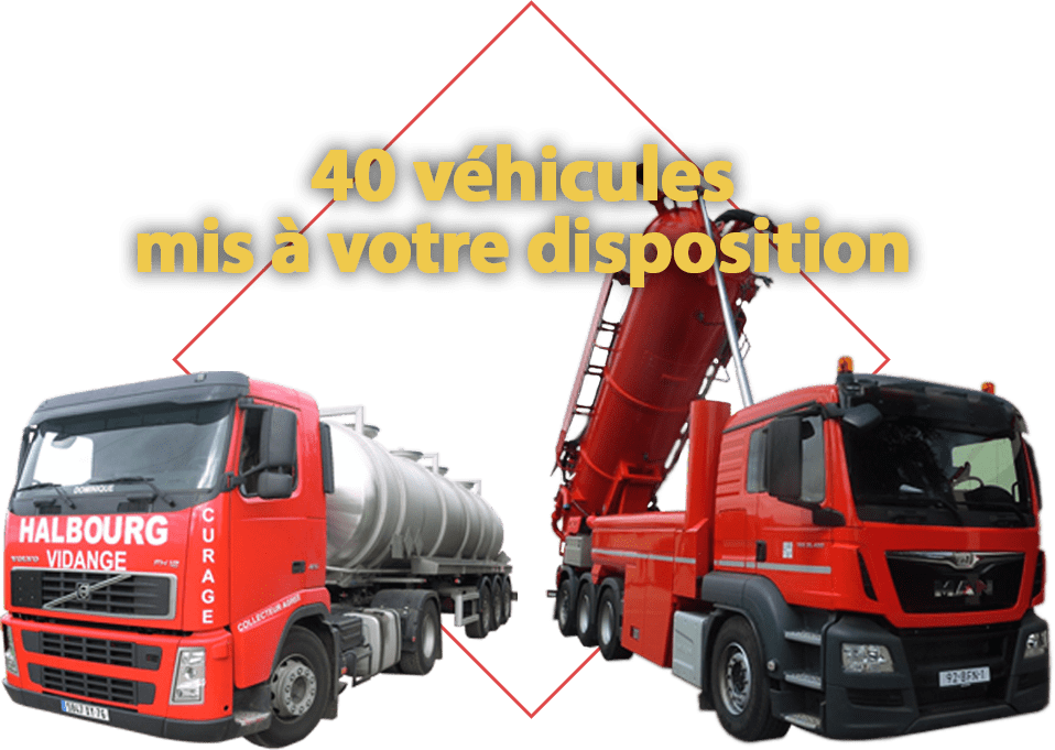 Visuel avec texte et véhicules rouges de vidage