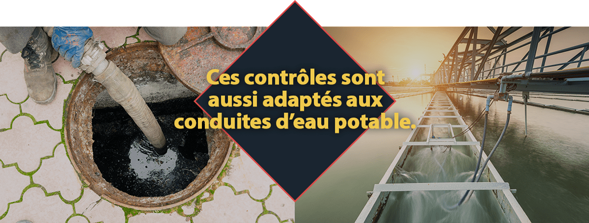 Vers la page Gestion des déchets Two side-by-side images showing sewer maintenance and a water treatment facility, with text: