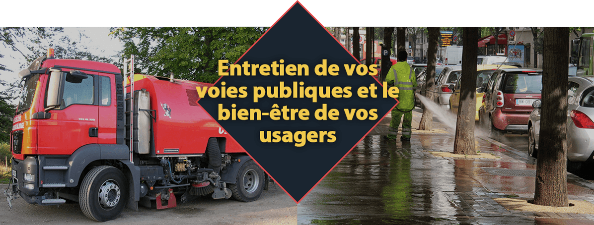 Vers la page Gestion des déchets Un camion balayeuse rouge et un employé nettoient une rue de la ville. Le texte indique : « Entretien de vos voies publiques. »