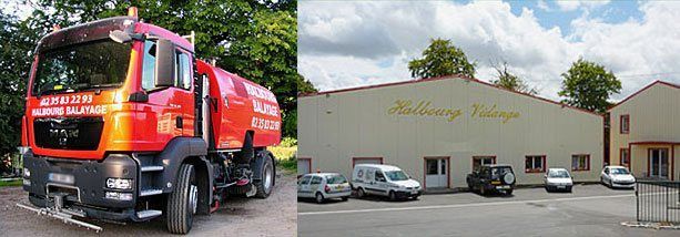 Un camion balayeuse rouge est stationné à côté d'un bâtiment commercial portant l'inscription « Holbury Village » sur sa façade.