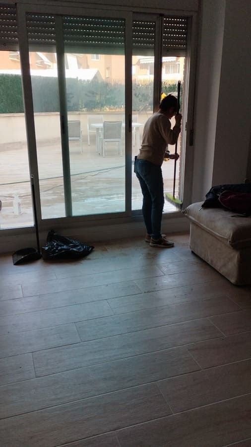 Una mujer está limpiando una ventana con un trapeador en una sala de estar.