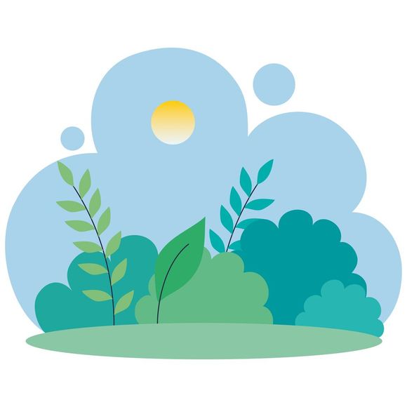 Una ilustración de dibujos animados de un exuberante bosque verde con árboles y hojas.