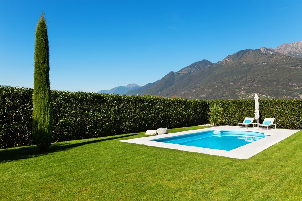 Hay una piscina en el patio trasero de una casa con montañas al fondo.
